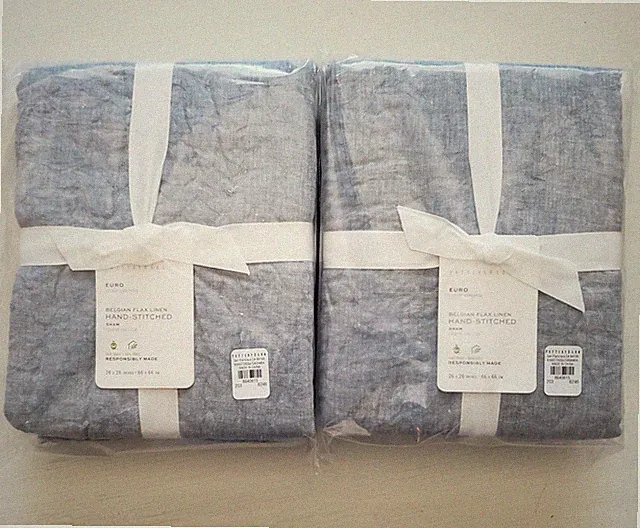 2 Pottery Barn Belgian Flax Linen Hand Stitched EURO Shams Chambray Blue