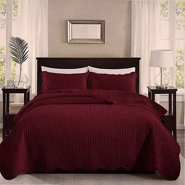 3 Piece Burgundy Quilted Bedspread Set Soft Reversible Coverlet Bed Throw Queen