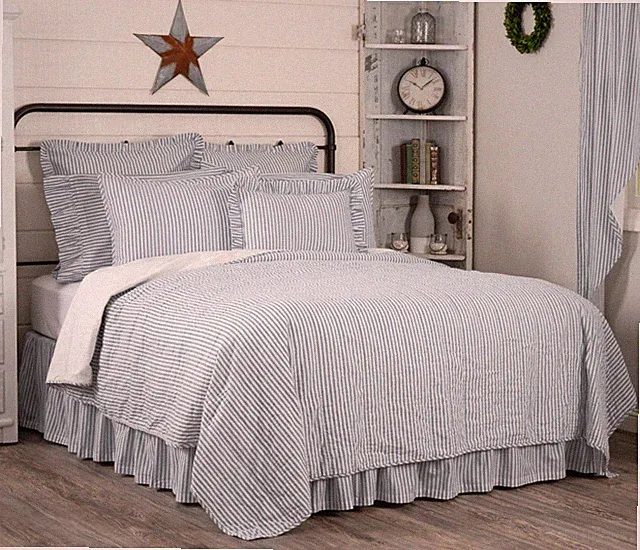 Blue Full Queen Ticking Stripe Quilt Farmhouse Bedding Sawyer Mill Hand Quilted
