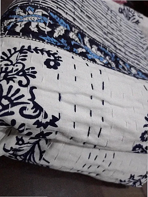 Cotton Handmade White Quilt with Blue Floral Embroidery Bedding Throw Blanket