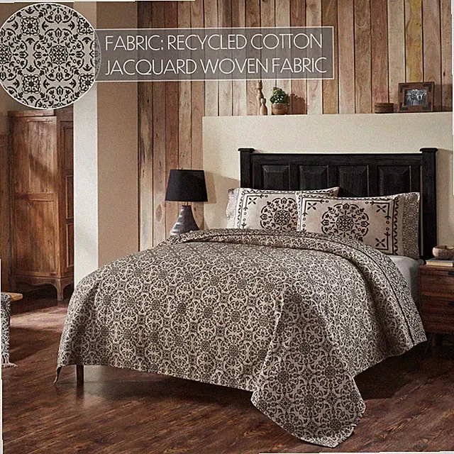 Custom House Black Tan Jacquard Queen Coverlet 94x94 Cotton Medallion VHC Brands