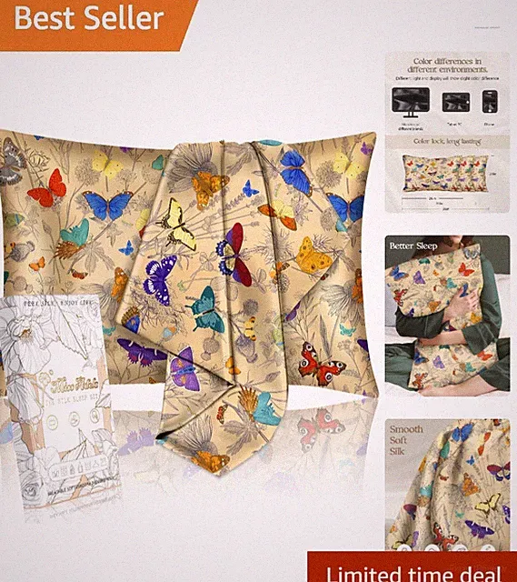 Elegant 2 Pack Mulberry Silk Pillowcases Butterfly Print Beige Multicolor Gift