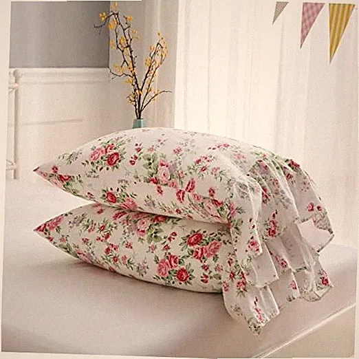Floral Pillow Shams with Long Ruffles Vintage Cotton Pillowcases Queen Rose