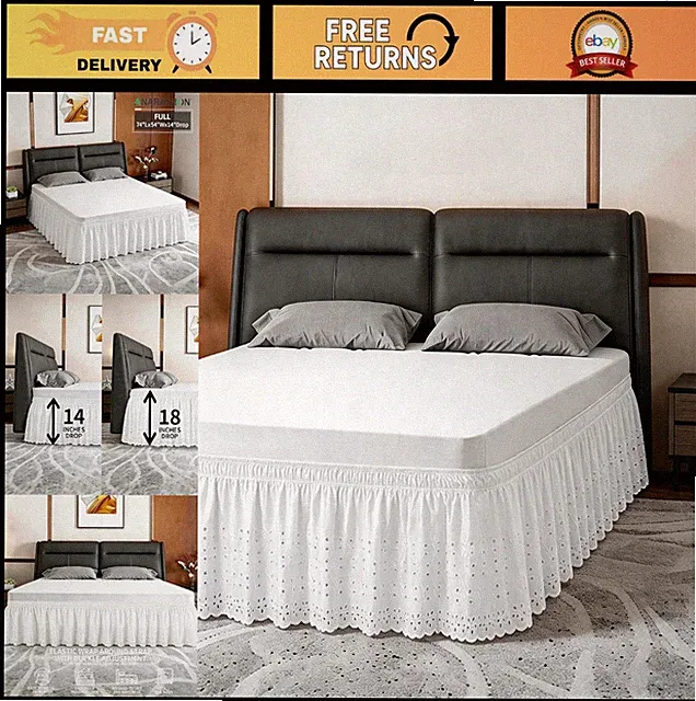 Full Bed Skirt Wrap-Around Elastic Ruffled Eyelet Dust Ruffle 14" Drop White