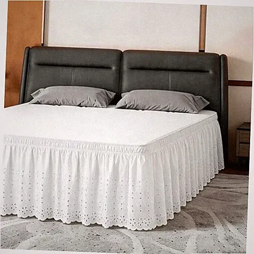 Full Bed Skirt, Wrap-Around Elastic Ruffled Full 18" Drop Embroidery White