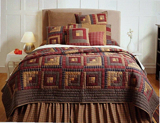 Full Queen Quilt Red Blue Tan Hand Stitched Log Cabin Patchwork Cotton Millsboro