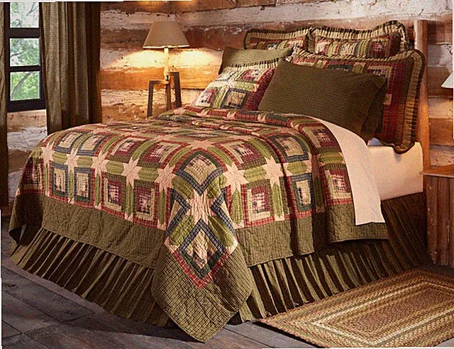 Hand Stitched Country Quilt Farmhouse Block Star Patchwork Green Tan Tea Cabin