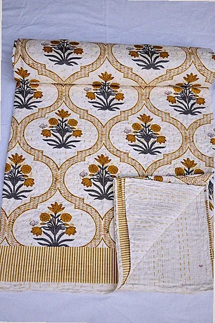 Indian Floral Kantha Hand Block Print Bedspread Handmade Quilt King Size Throw