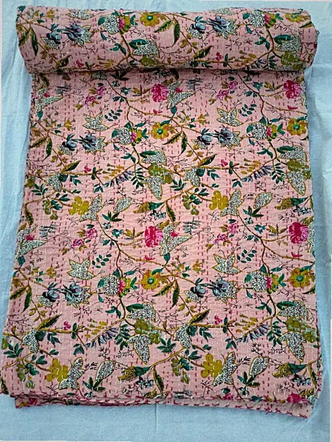 Indian handmade Cotton kantha Quilt hand Block Print King Size Bedspread Blanket
