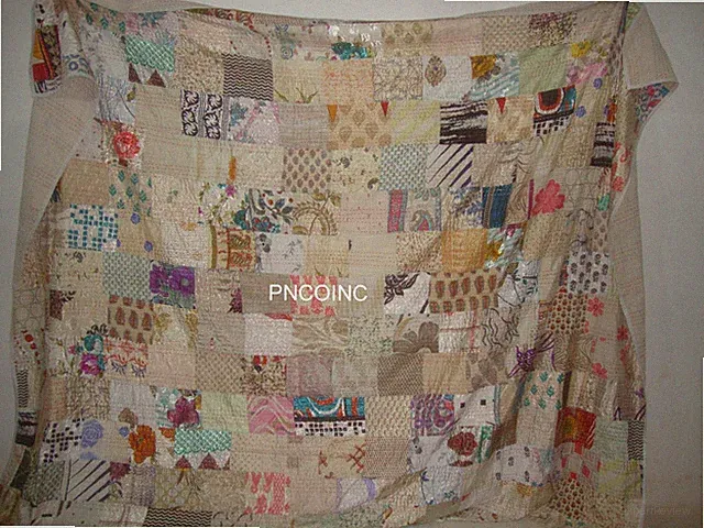 Indian Handmade Kantha Quilt Blanket Vintage Patchwork Bedspread Cotton Silk