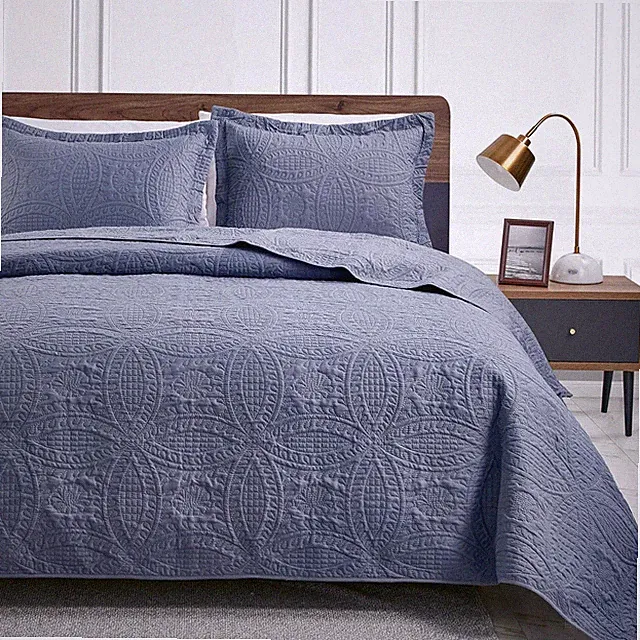 King Size Quilt Set Blue Lightweight Bedspread Coverlet Coin Pattern 3Pc