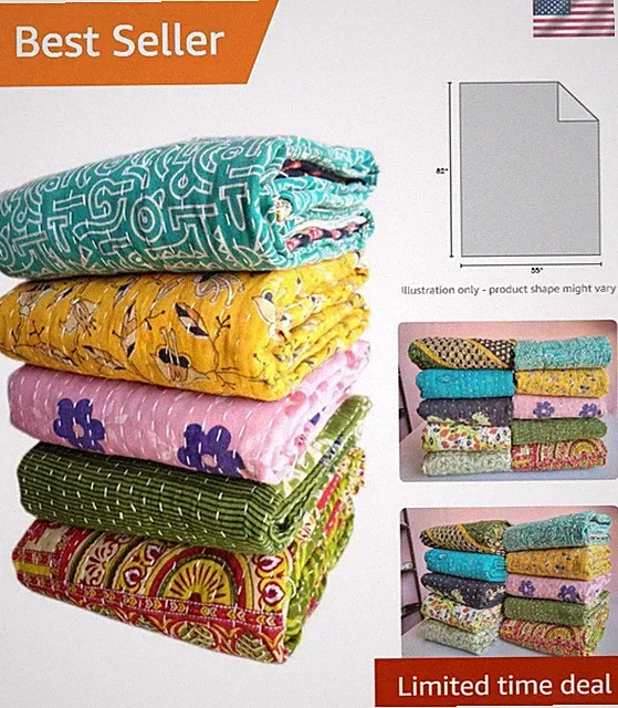 Lightweight Reversible Kantha Bedspread - Artisan Handcrafted Quilt, Twin Size