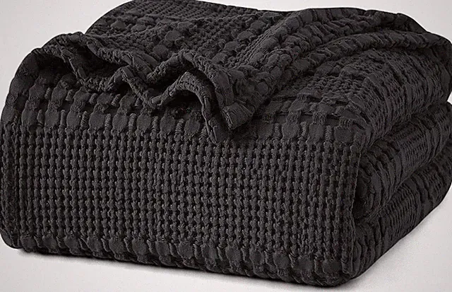Luxury 100% Cotton Waffle Weave Twin Blanket, Soft & Cozy, Black 66"x90