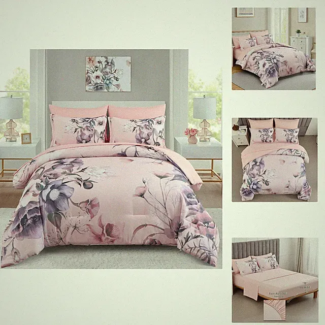 Luxury Blush Pink Floral Comforter Set - 7-Piece Queen Size for All Seasons