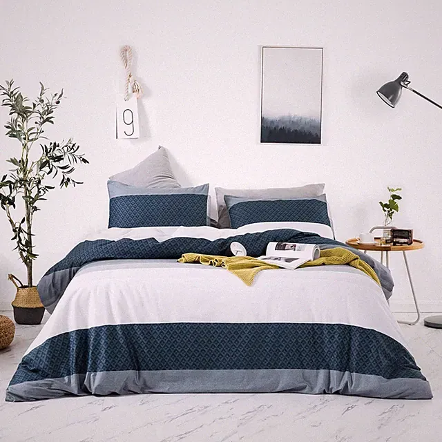 Navy Duvet Cover King 100% Cotton 3 Pcs Set 1 Blue and White Striped Duvet Co...