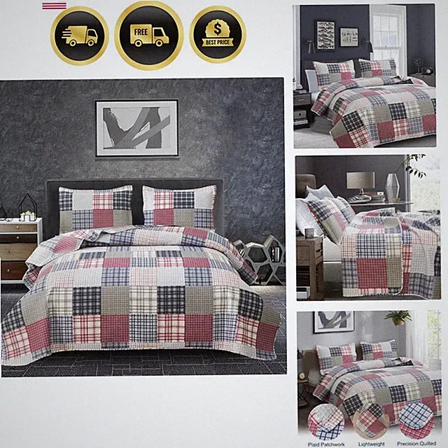 Plaid King Size Bedspread Coverlet Quilt Set - Boys/Mens Red, Blue, White Pla...