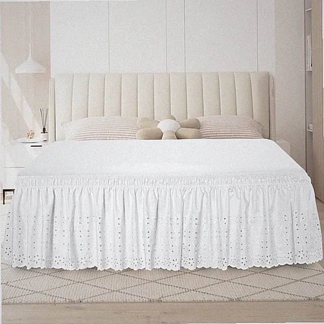 Queen Bed Skirt Wrap-Around Ruffled Eyelet Dust Ruffle 18" Drop White