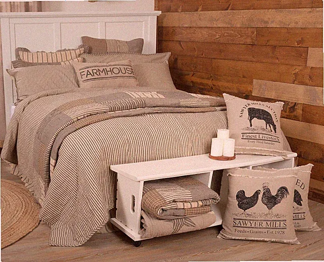 Reversible Twin Quilt Coverlet Farmhouse Cream Gray Ticking Stripe Sawyer Mill