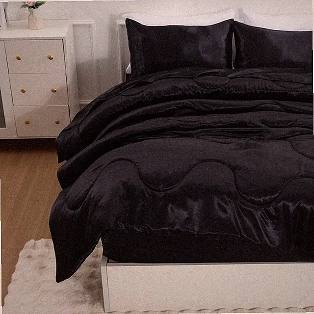 SATIN SILKY SOFT QUILT LUXURY SUPER SOFT MICROFIBER BEDDING COMFORTER SET LIGHT