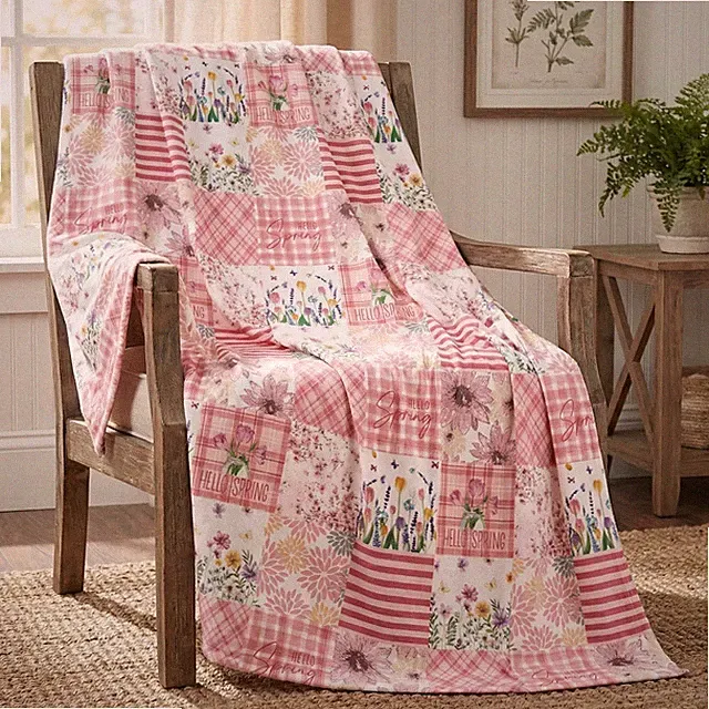 Spring Summer Flannel Blanket Throw Pink Flowers Patchwork Soft 50x60 Inch