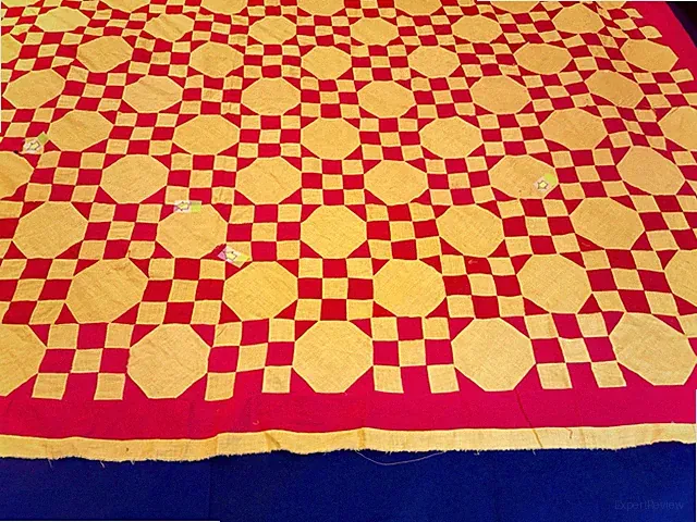 Vintage 64x78 Hand Stitched Brilliant Yellow & Red 9 Patch Quilt Top Farm Cabin