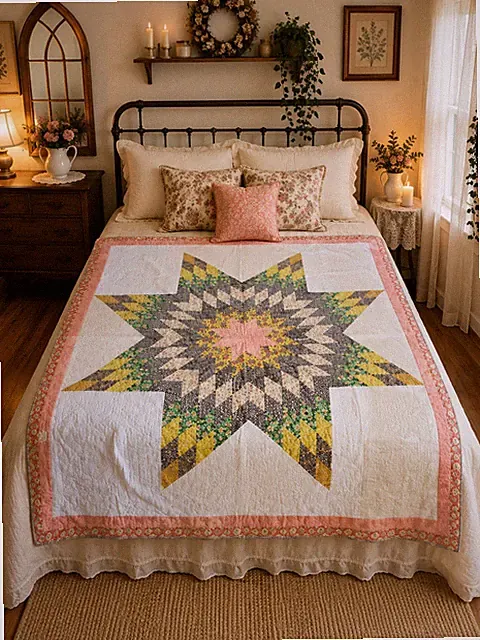 Vintage Handmade Lone Star Patchwork Quilt 88x74 Cottagecore Farmhouse
