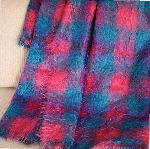 Vtg Jan Paul Barnard Pure Mohair Throw Blanket, Blue, Purple, Pink Plaid 44 x 68