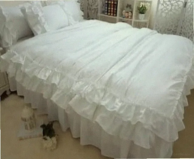 White Luxury Ruffle Design 360 Tc Cotton Bedding 1 Duvet Cover+2 Pillow@3Pcs Set